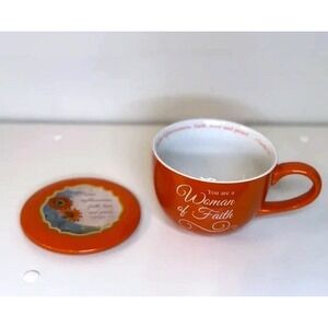 Abbey Press Woman of Faith Orange Latte Mug with Lid Coaster Bible Verse